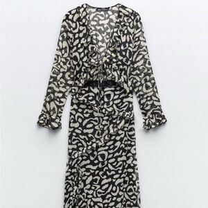 Zara Black and Cream Printed Ruffle Dress Set